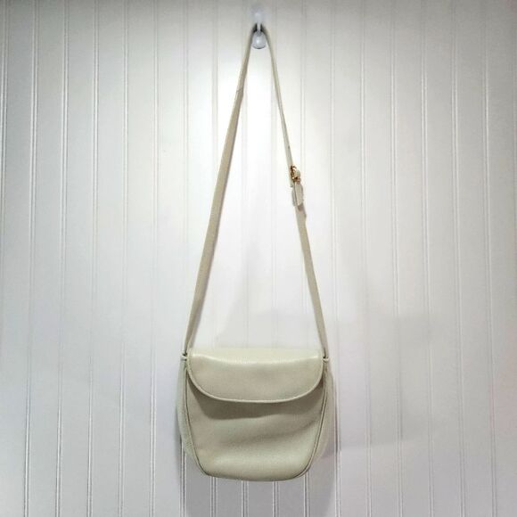 GANSON Vintage Ivory Pebble Leather Gold Hardware Crossbody Flap Purse - Picture 2 of 12